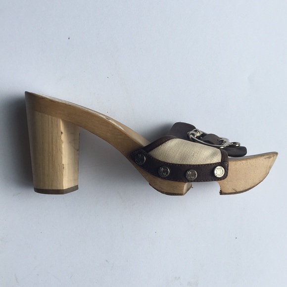 Celine wood and canvas clogs with buckles - Picture 5 of 8